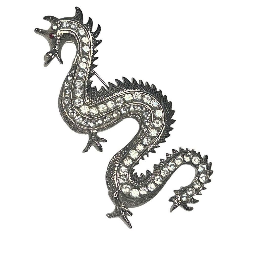 Huge Vintage Clear Rhinestone Gold Tone Red Eyed Dragon Statement Brooch